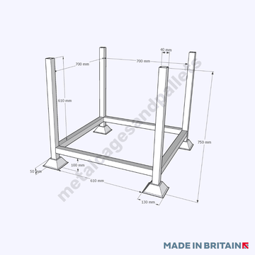 Technical drawing of basic metal post pallet unpainted.